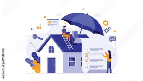 Homeowners protecting house with giant umbrella and insurance policy document for property safety and financial security concept.