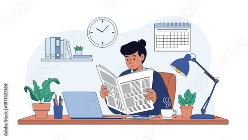 Young man reading morning newspaper at desk with laptop and coffee for daily information and news update in home office.