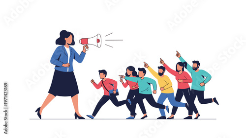 Business leader directing a group of people with a megaphone as they run towards a common goal in a corporate environment.