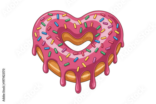 A colorful heart shaped donut with pink frosting and rainbow sprinkles featuring a dripping glaze on transparent background high-quality professional.