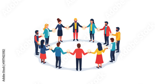 Diverse group of people holding hands in a circle together in unity and solidarity outdoors