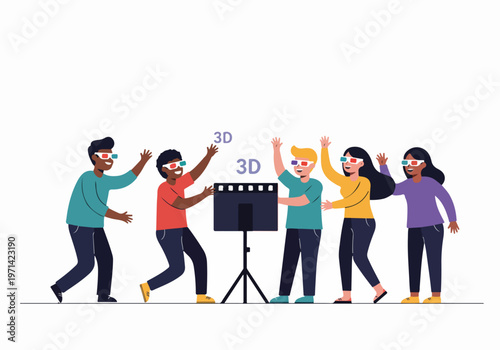 Diverse group of young people wearing 3D glasses and enjoying a movie experience together in a flat vector illustration.