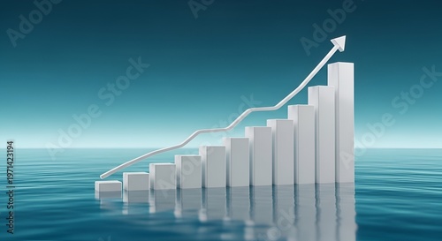 White 3 D bar graph with rising arrow on water