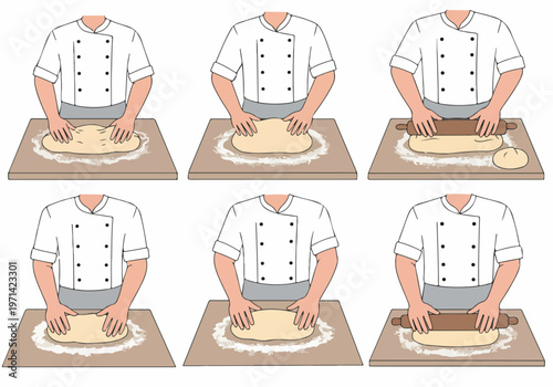 Illustration set of a chef in a white uniform kneading and rolling dough on a floured wooden board, showing steps of food preparation.