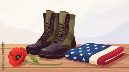 Military Boots with Folded US Flag and Red Poppy Tribute