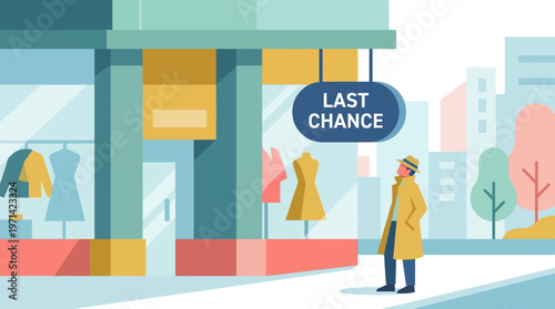 Man looking at last chance sale sign outside a clothing store