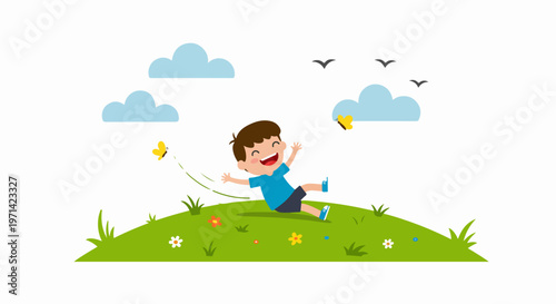 Happy Little Boy Rolling Down a Grassy Hill in Summer Nature Setting with Butterflies and Birds Illustration