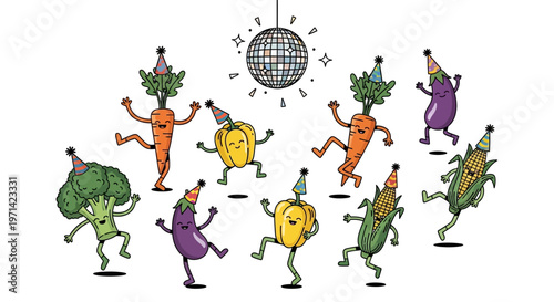 Vegetables and fruits dance under a disco ball at a party celebration with hats.