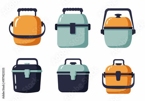 Flat vector illustrations of various portable cooler boxes and insulated lunch containers in different colors and designs for camping and picnics.