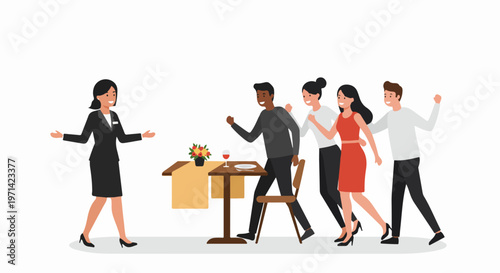 A friendly restaurant hostess welcoming a diverse group of happy friends arriving for a celebratory dinner at a reserved table.