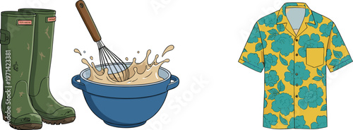 Flat Vector Illustration Set Featuring Muddy Green Rain Boots, a Blue Mixing Bowl with Whisk Splashing Batter, and a Yellow Floral Hawaiian Shirt