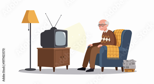 Senior man relaxing in a blue armchair while watching an old vintage television in his living room.