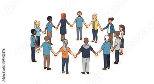 Diverse group of people holding hands in a circle together outdoors