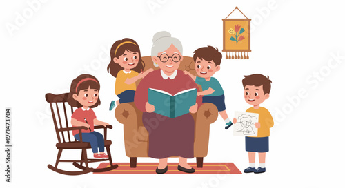 A loving grandmother reading a book to her four grandchildren in a cozy home setting, showcasing family bonding and storytelling.