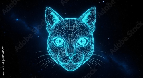Glowing blue cat head with neon lines on dark starry background