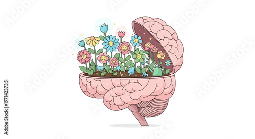 A brain opens to reveal colorful flowers growing inside its cerebral cortex.