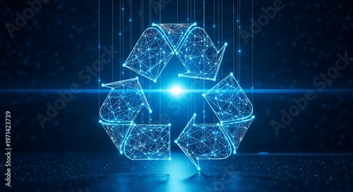 Glowing Blue Recycling Symbol with Geometric Lines and Lights