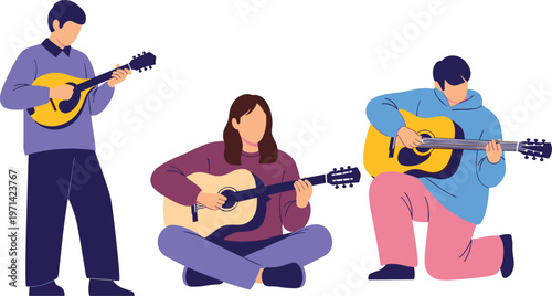 Group of Three Musicians Playing Acoustic Guitars in Various Poses Music Band Flat Vector Illustration Set