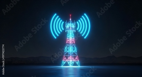 Glowing cellular tower with blue and pink lights on water
