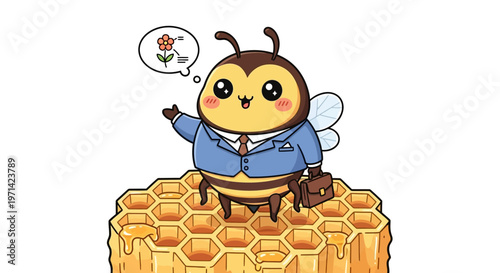A cartoon bee in a business suit stands on honeycomb thinking of a flower.