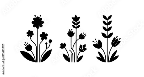 Modern abstract black floral arrangements silhouette set with minimalist botanical shapes vector design