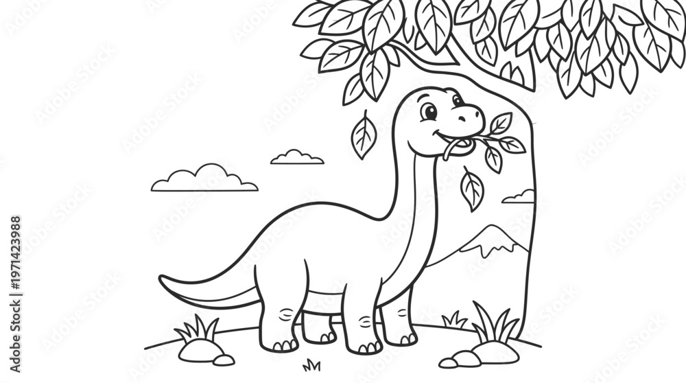 Naklejka premium Smiling cartoon dinosaur standing under tree.
