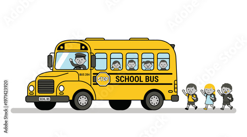 Yellow School Bus with Children Walking.