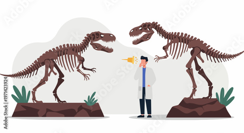 Vector Illustration of a Paleontologist Scientist Preserving and Cleaning Two Large T-Rex Dinosaur Skeletons in a Museum Setting.