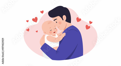 A loving father tenderly embracing his baby infant, surrounded by red hearts in a heartwarming flat vector illustration.