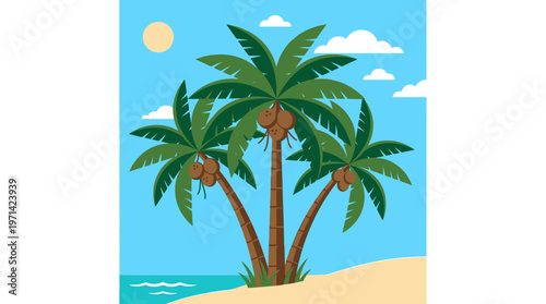 Three palm trees on sandy beach.