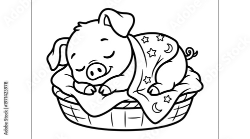 Cute Pig Sleeping in Basket.