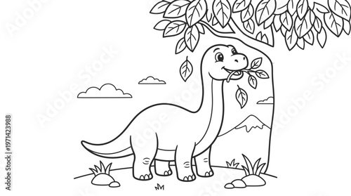 Smiling cartoon dinosaur standing under tree.