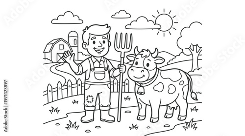 Boy standing with smiling cow farm.