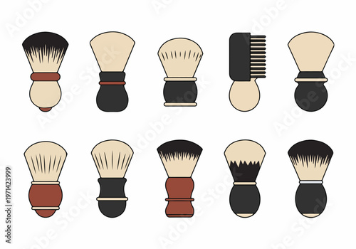 Collection of Ten Diverse Shaving Brush Vector Icons for Barbershop and Men's Grooming Designs