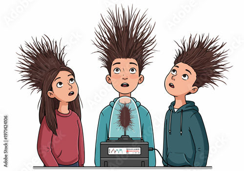 Three surprised children with hair standing on end due to a static electricity experiment illustration.