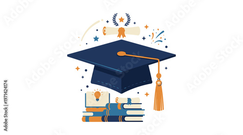 Graduation Cap with Tassel and Books.