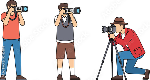 Photographers Taking Pictures with Professional Cameras in Different Poses Flat Vector Illustration Set