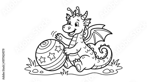 Smiling dragon playing with ball.