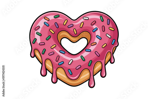 A colorful heart shaped donut with pink frosting and rainbow sprinkles featuring a dripping glaze on transparent background high-quality professional.