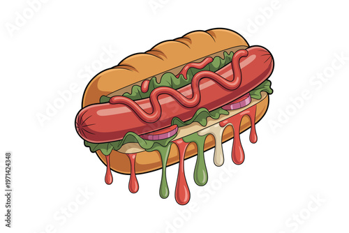 A colorful cartoon illustration of a hot dog with toppings like ketchup mustard lettuce and onions on transparent background high-quality.