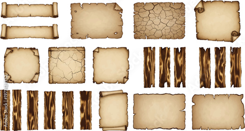 Vintage Fantasy Parchment Scroll and Wooden Frame Elements Set – Hand Drawn Old Paper Textures Collection