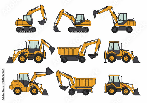Collection of yellow construction vehicle illustrations including excavators, backhoes, and dump trucks on a white background.