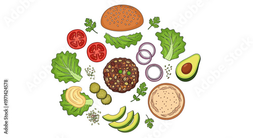A colorful illustration of a vegan burger being assembled with various toppings and ingredients on a white background.