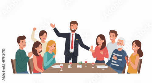 Diverse group of happy friends and family members gathered around a dinner table while a man in a suit makes a celebratory speech.