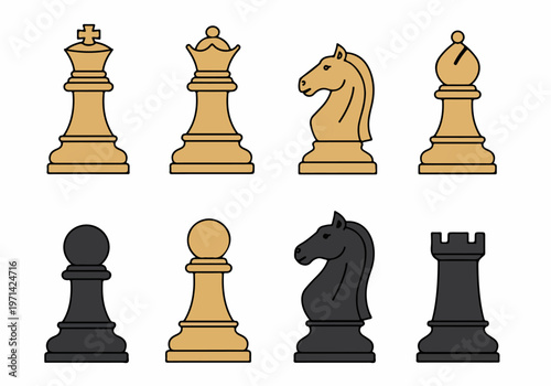 Vector illustration set of chess piece icons featuring king, queen, bishop, knight, rook, and pawn in tan and black colors.