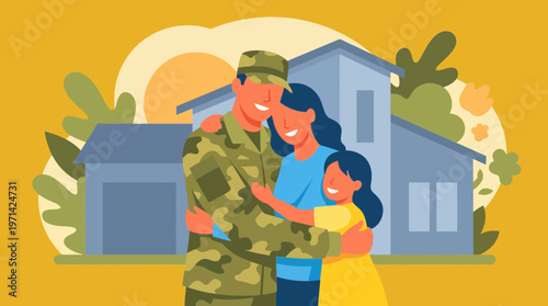 Military Homecoming Illustration of Soldier Hugging Wife and Daughter