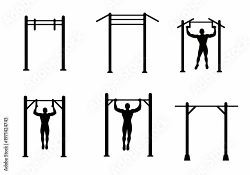 Vector silhouette set of pull-up bars and people performing bodyweight exercises for fitness, calisthenics, and street workout on a white background.