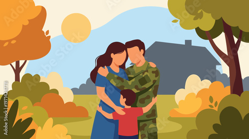 Soldier Returning Home to His Family Flat Vector Illustration