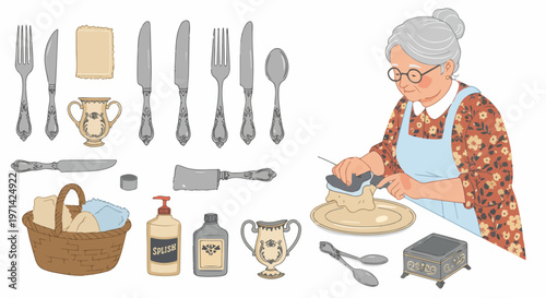 Illustration of an elderly woman carefully polishing vintage silverware and cutlery set with cleaning supplies on a white background.