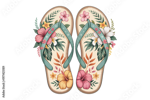 A pair of beautifully decorated flip flops adorned with vibrant tropical flowers and lush green foliage on transparent background high-quality.